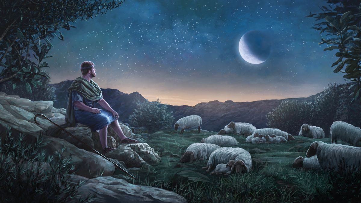 A shepherd gazing up at the starry night sky in awe